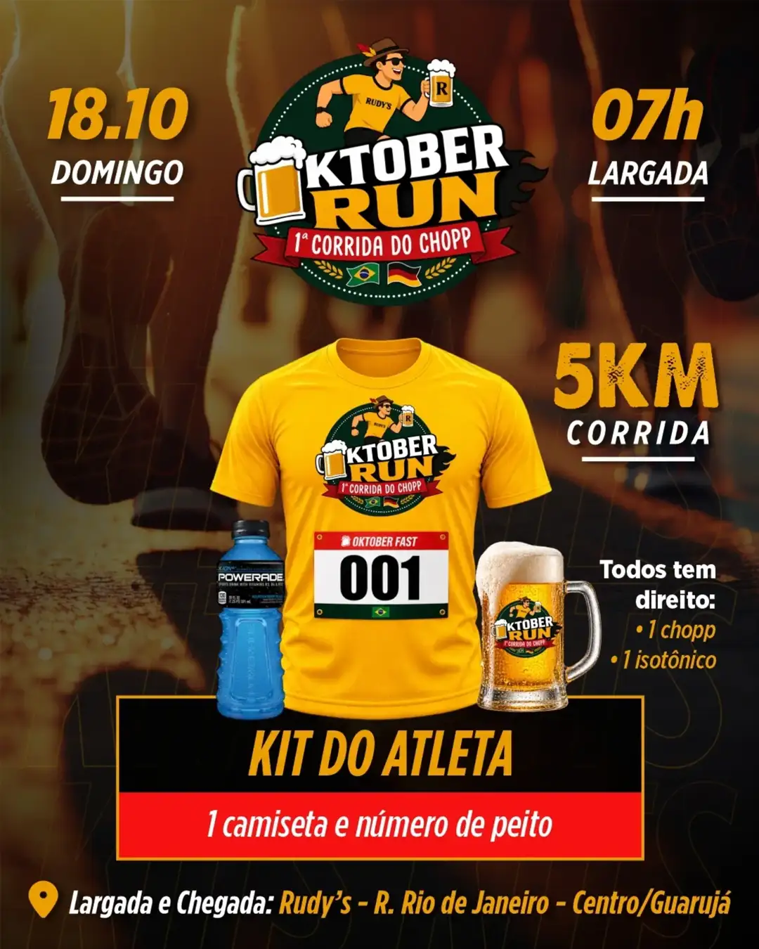 Arte da 1ª Oktober Run, Corrida do Chopp, com largada e chegada no Rudy's Bar em Guarujá, no dia 18 de outubro, às 7h.